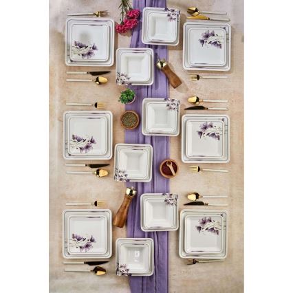 Conjunto de jantar 24 peças branco/roxo/cerâmica