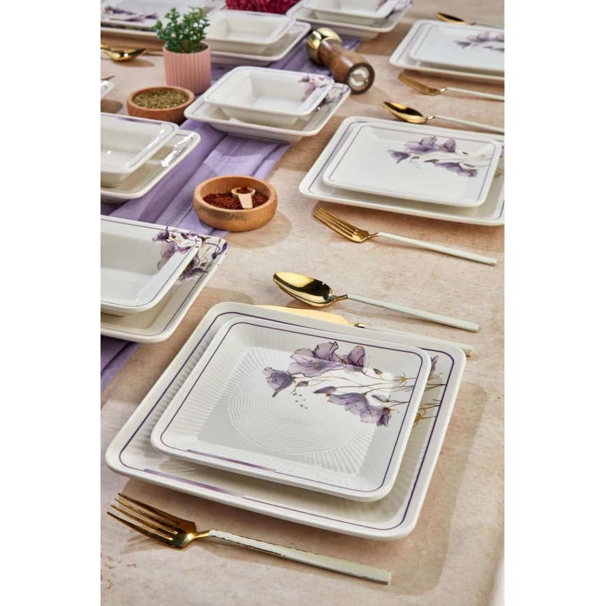 Conjunto de jantar 24 peças branco/roxo/cerâmica
