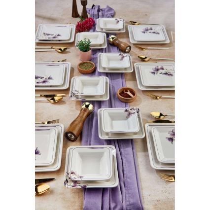 Conjunto de jantar 24 peças branco/roxo/cerâmica