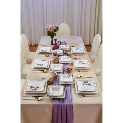 Conjunto de jantar 24 peças branco/roxo/cerâmica