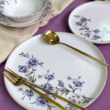 Conjunto de jantar 24 peças branco/roxo em cerâmica