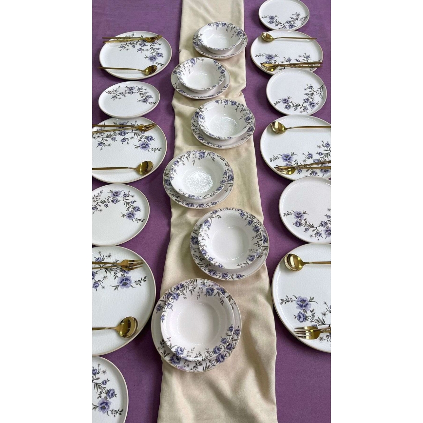 Conjunto de jantar 24 peças branco/roxo em cerâmica
