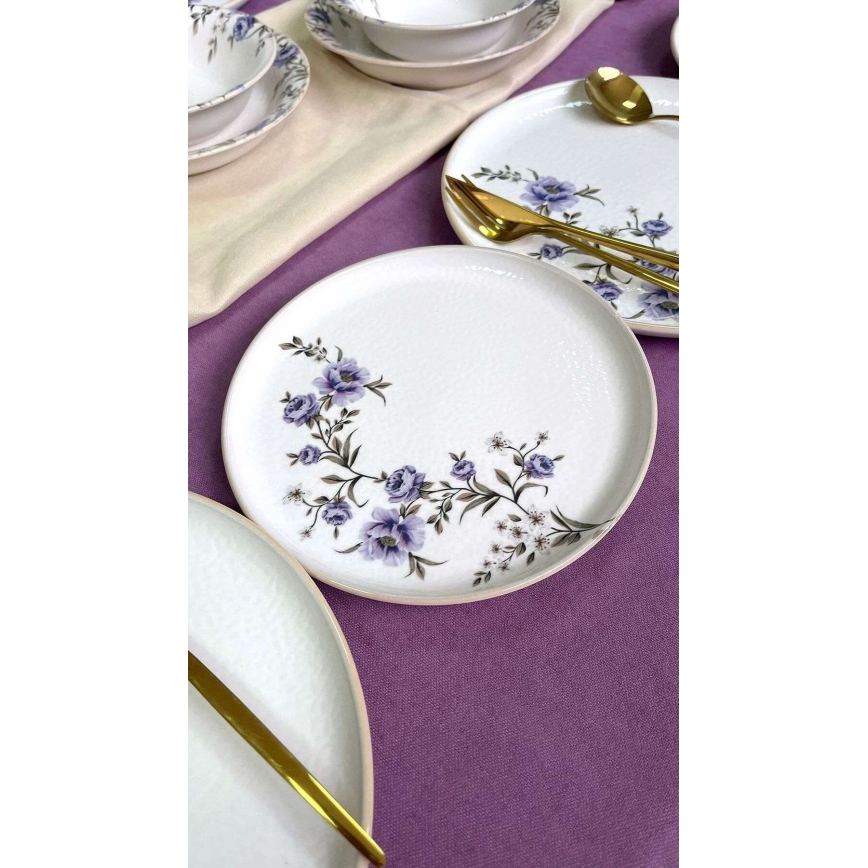 Conjunto de jantar 24 peças branco/roxo em cerâmica