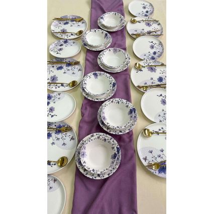 Conjunto de jantar 24 peças, branco/roxo, em cerâmica