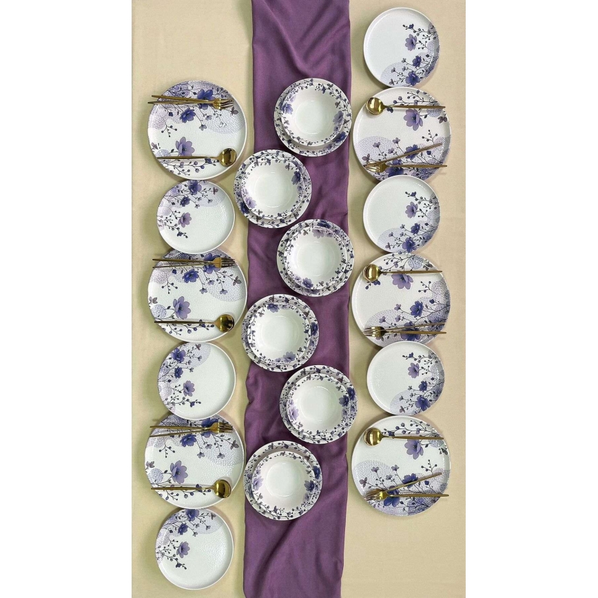 Conjunto de jantar 24 peças, branco/roxo, em cerâmica