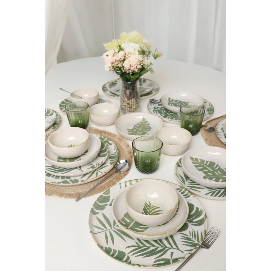 Conjunto de jantar 24 peças branco/verde/cerâmica