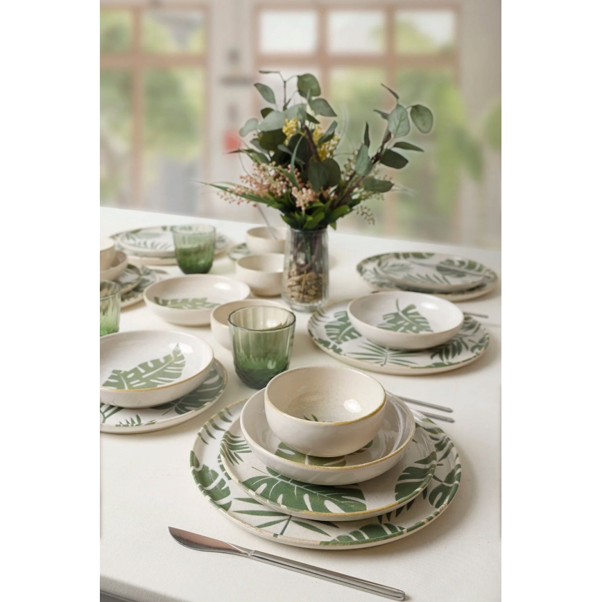 Conjunto de jantar 24 peças branco/verde/cerâmica