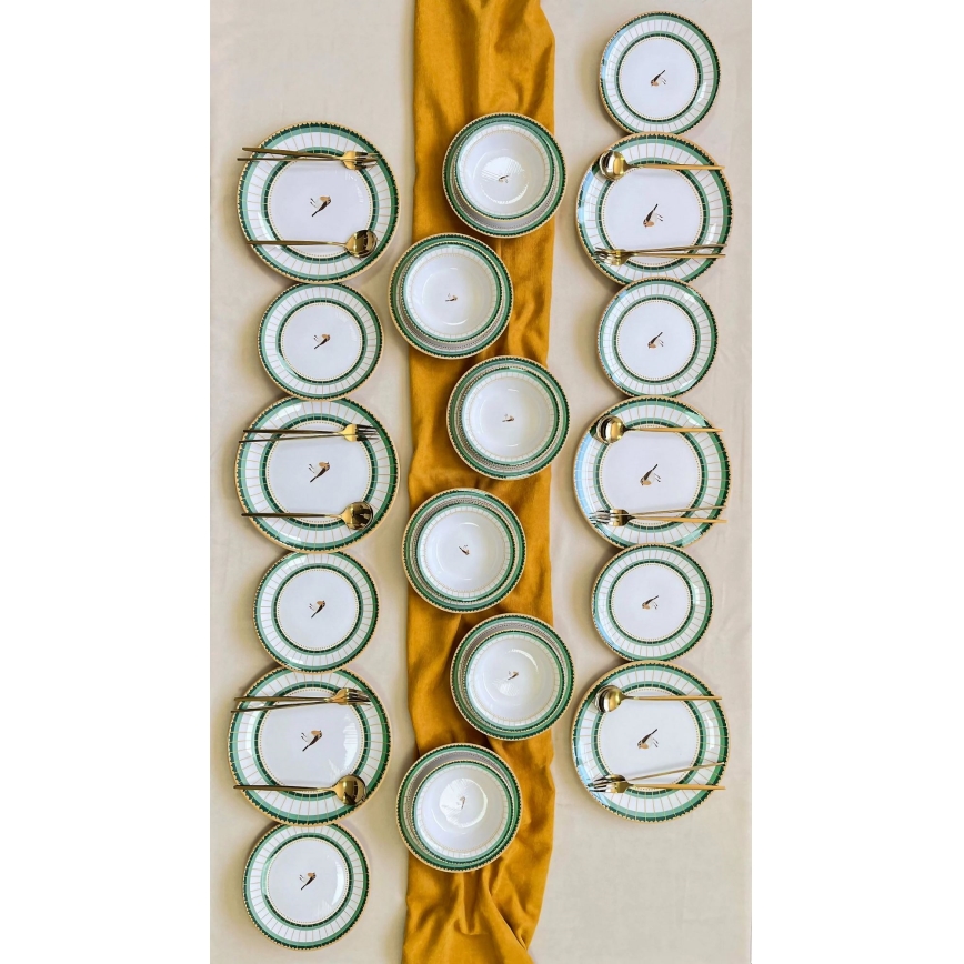 Conjunto de jantar 24 peças branco/verde/dourado em cerâmica