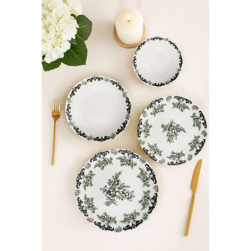 Conjunto de jantar, 24 peças, branco/verde, porcelana