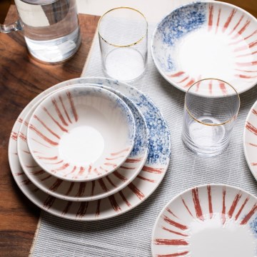 Conjunto de jantar 24 peças branco/vermelho/azul /porcelana