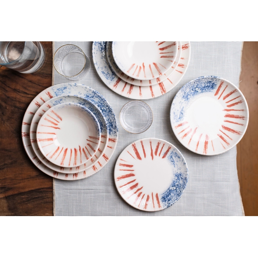 Conjunto de jantar 24 peças branco/vermelho/azul /porcelana