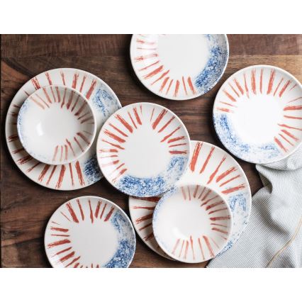 Conjunto de jantar 24 peças branco/vermelho/azul /porcelana