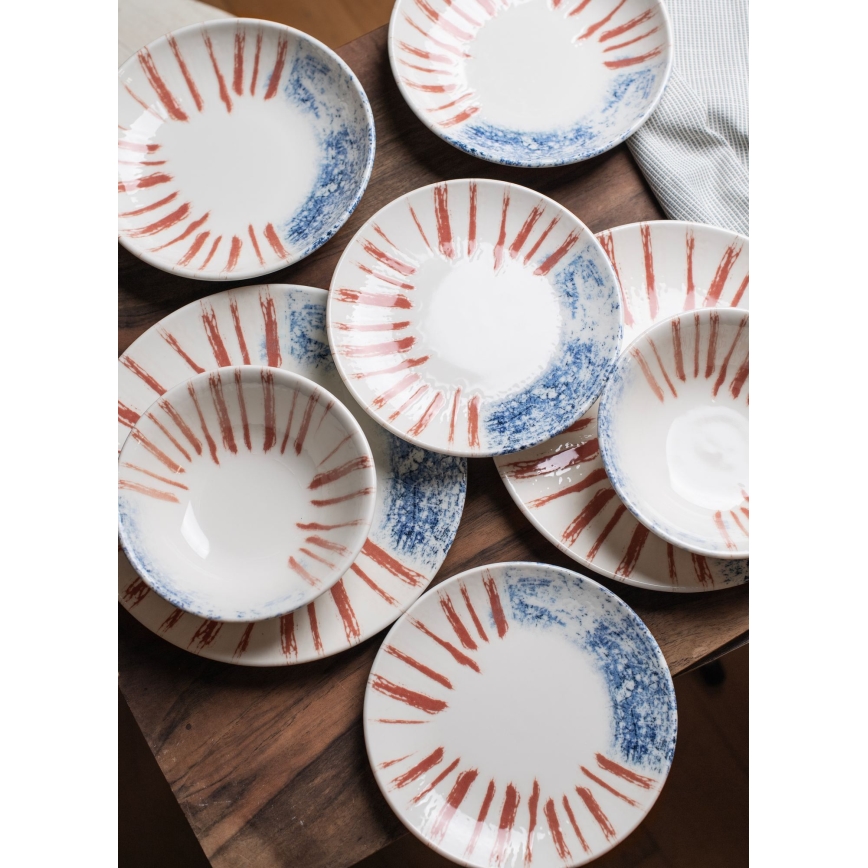 Conjunto de jantar 24 peças branco/vermelho/azul /porcelana