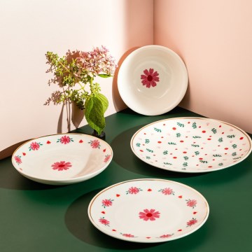 Conjunto de jantar 24 peças branco/vermelho/verde/porcelana