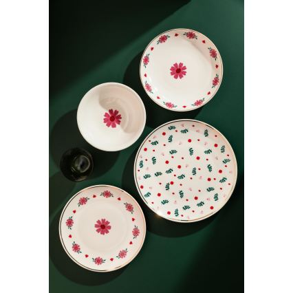 Conjunto de jantar 24 peças branco/vermelho/verde/porcelana