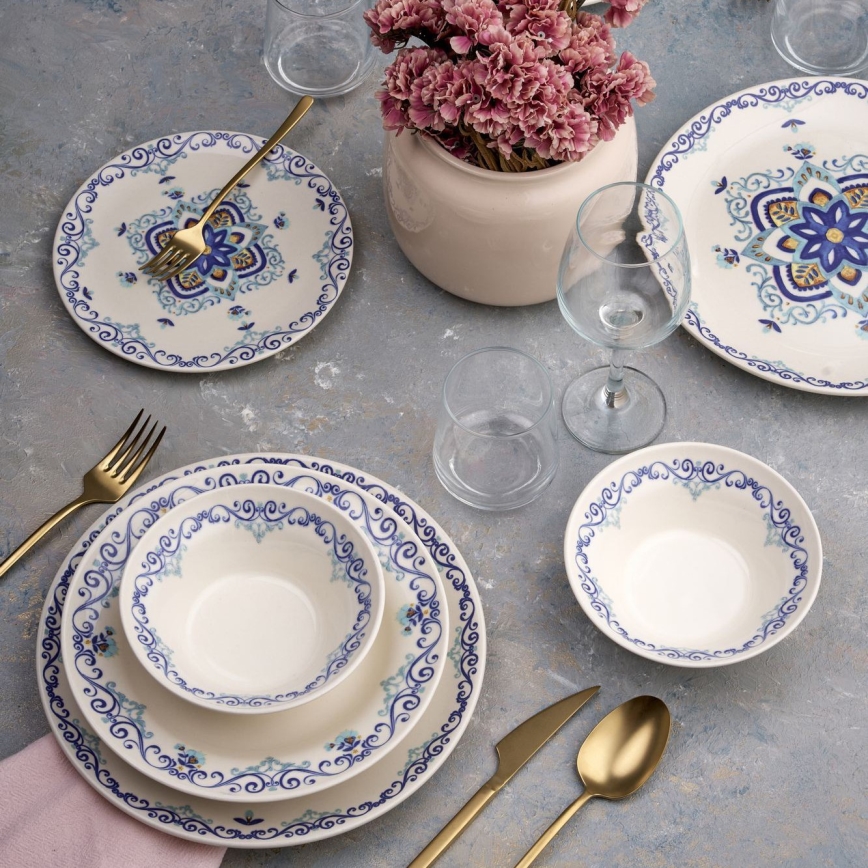 Conjunto de jantar 24 peças, em cerâmica, branco e azul