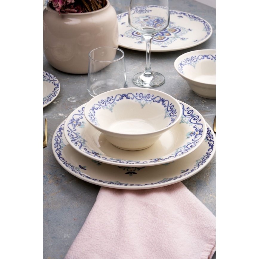 Conjunto de jantar 24 peças, em cerâmica, branco e azul