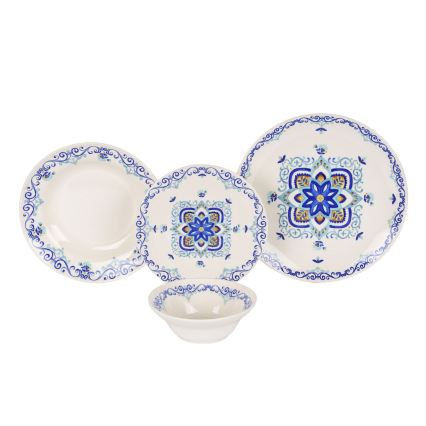 Conjunto de jantar 24 peças, em cerâmica, branco e azul
