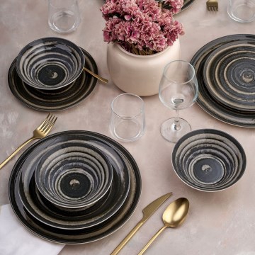 Conjunto de jantar, 24 peças, em cerâmica, preto/castanho