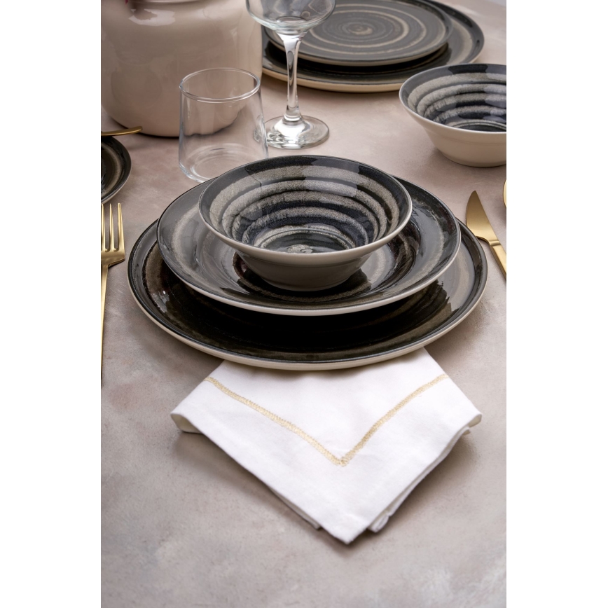 Conjunto de jantar, 24 peças, em cerâmica, preto/castanho