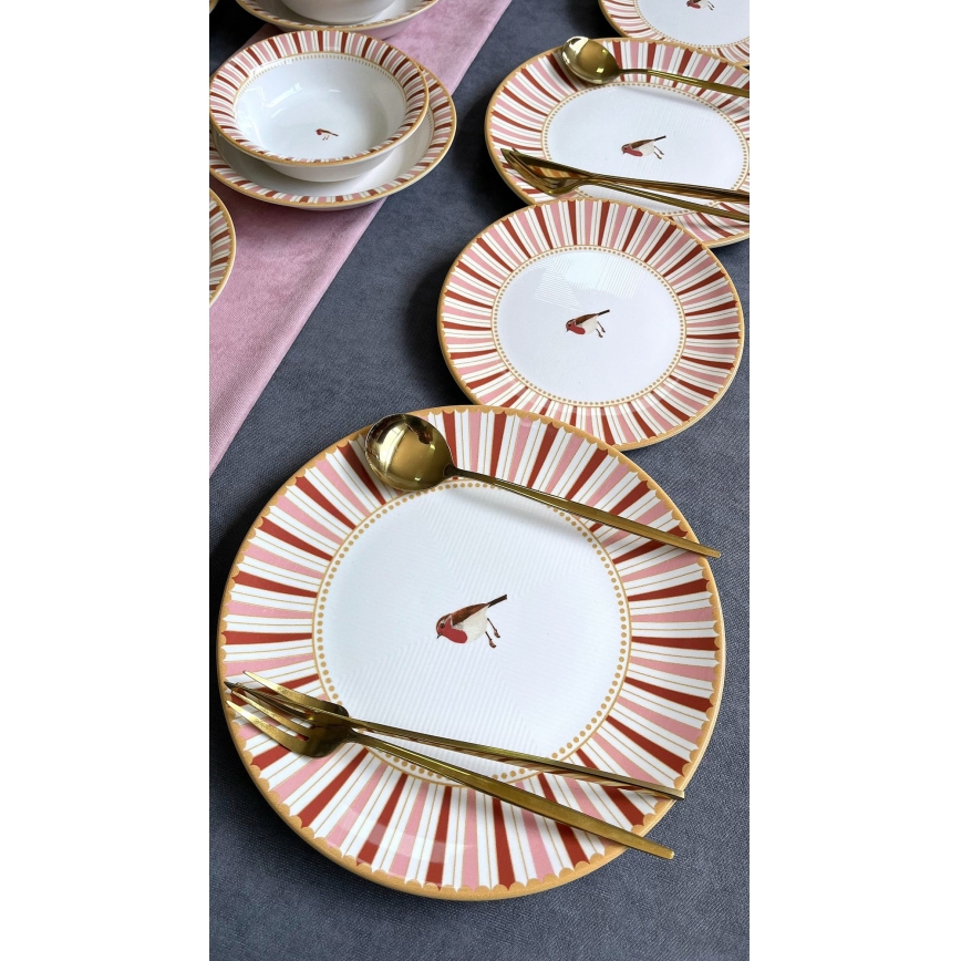 Conjunto de jantar 24 peças em cerâmica — branco, vermelho e dourado