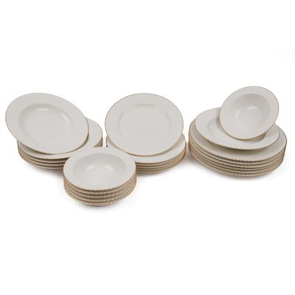 Conjunto de jantar 24 peças em porcelana branca com acabamento dourado