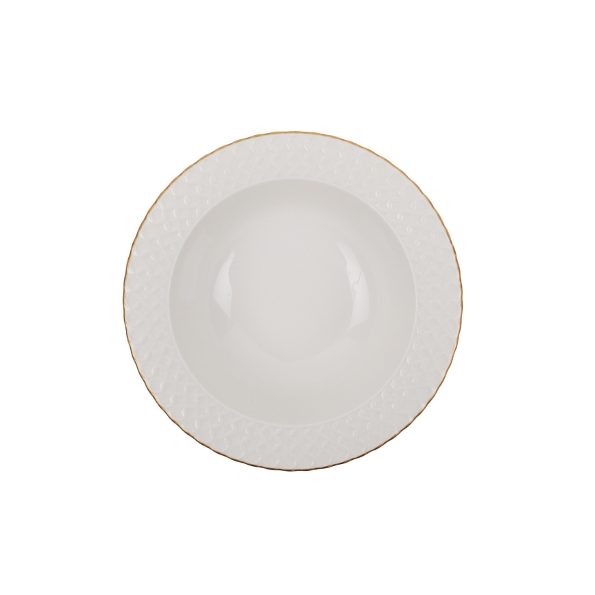 Conjunto de jantar 24 peças em porcelana branca com acabamento dourado
