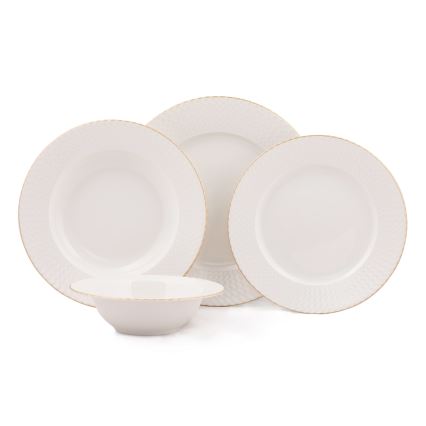 Conjunto de jantar 24 peças em porcelana branca com acabamento dourado