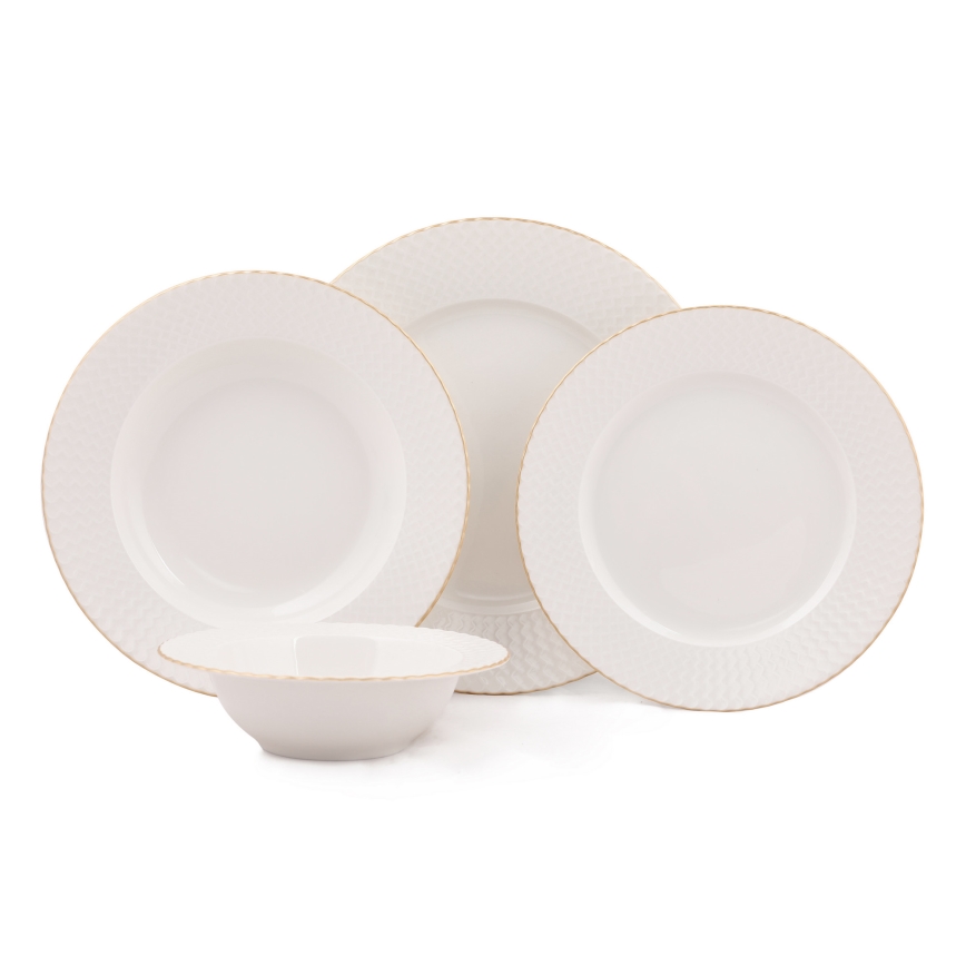 Conjunto de jantar 24 peças em porcelana branca com acabamento dourado