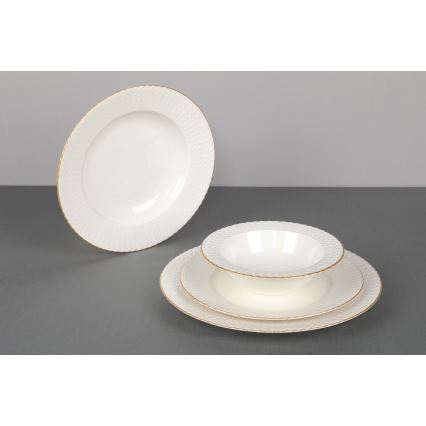Conjunto de jantar 24 peças em porcelana branca com acabamento dourado