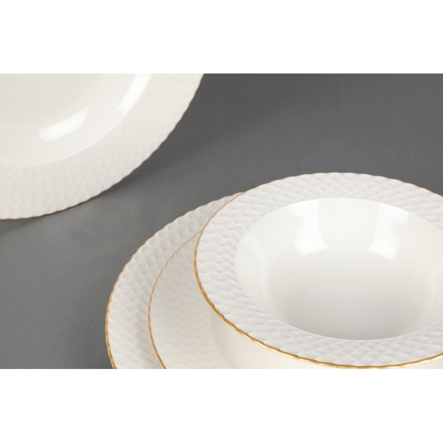 Conjunto de jantar 24 peças em porcelana branca com acabamento dourado