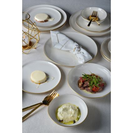 Conjunto de jantar 24 peças em porcelana branca com detalhes dourados
