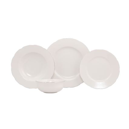 Conjunto de jantar 24 peças em porcelana branca com detalhes prateados