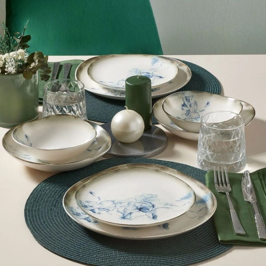 Conjunto de jantar 24 peças em porcelana branca e azul