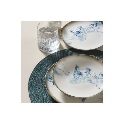 Conjunto de jantar 24 peças em porcelana branca e azul
