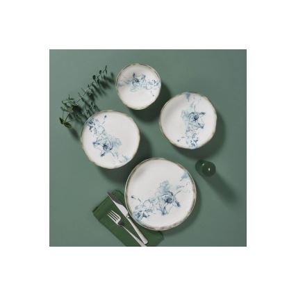 Conjunto de jantar 24 peças em porcelana branca e azul