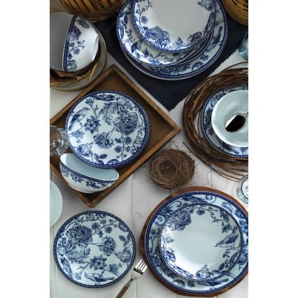 Conjunto de jantar 24 peças em porcelana, branco/azul