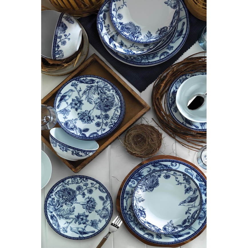 Conjunto de jantar 24 peças em porcelana, branco/azul