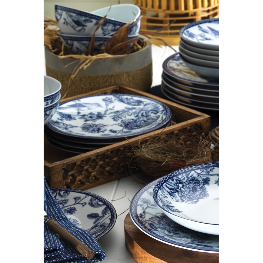 Conjunto de jantar 24 peças em porcelana, branco/azul