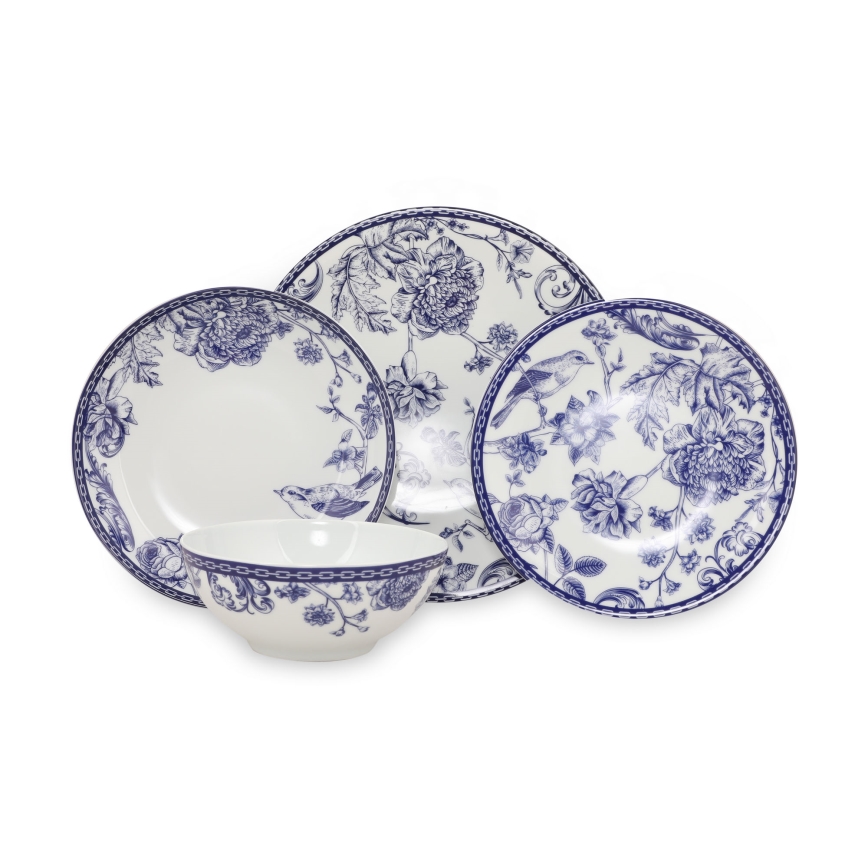 Conjunto de jantar 24 peças em porcelana, branco/azul
