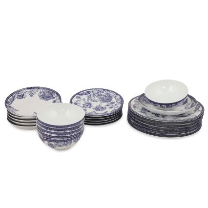 Conjunto de jantar 24 peças em porcelana, branco/azul