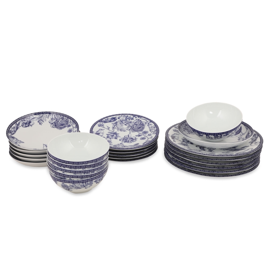 Conjunto de jantar 24 peças em porcelana, branco/azul