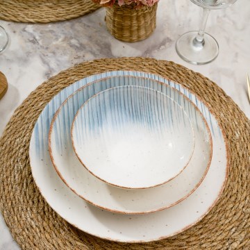 Conjunto de jantar 24 peças em porcelana, branco/azul