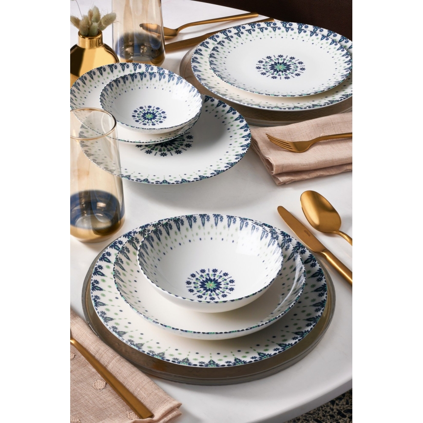 Conjunto de jantar 24 peças em porcelana, branco/azul