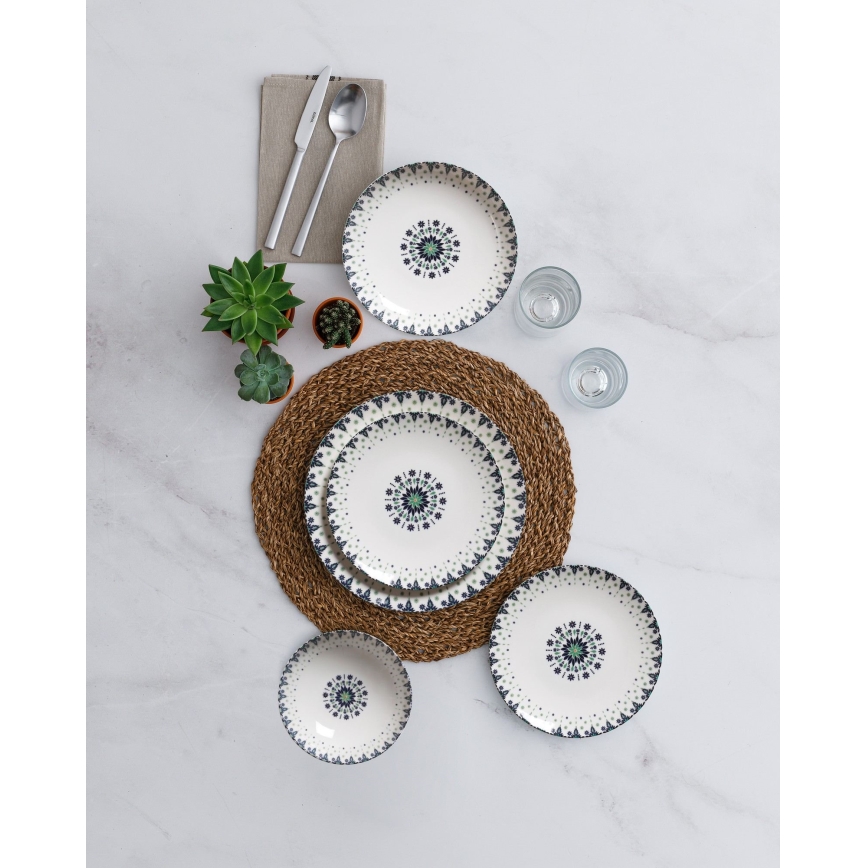 Conjunto de jantar 24 peças em porcelana, branco/azul