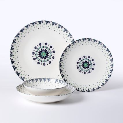 Conjunto de jantar 24 peças em porcelana, branco/azul