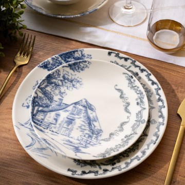 Conjunto de jantar 24 peças em porcelana, branco/azul
