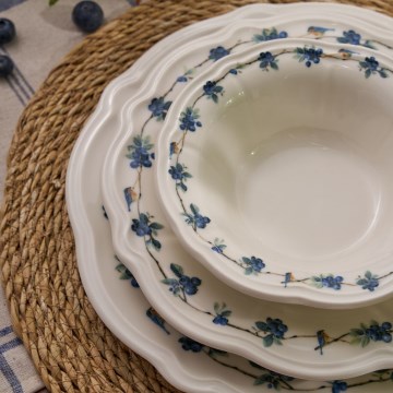 Conjunto de jantar 24 peças em porcelana, branco/azul