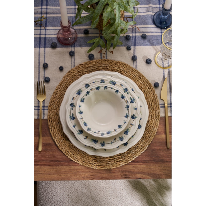 Conjunto de jantar 24 peças em porcelana, branco/azul
