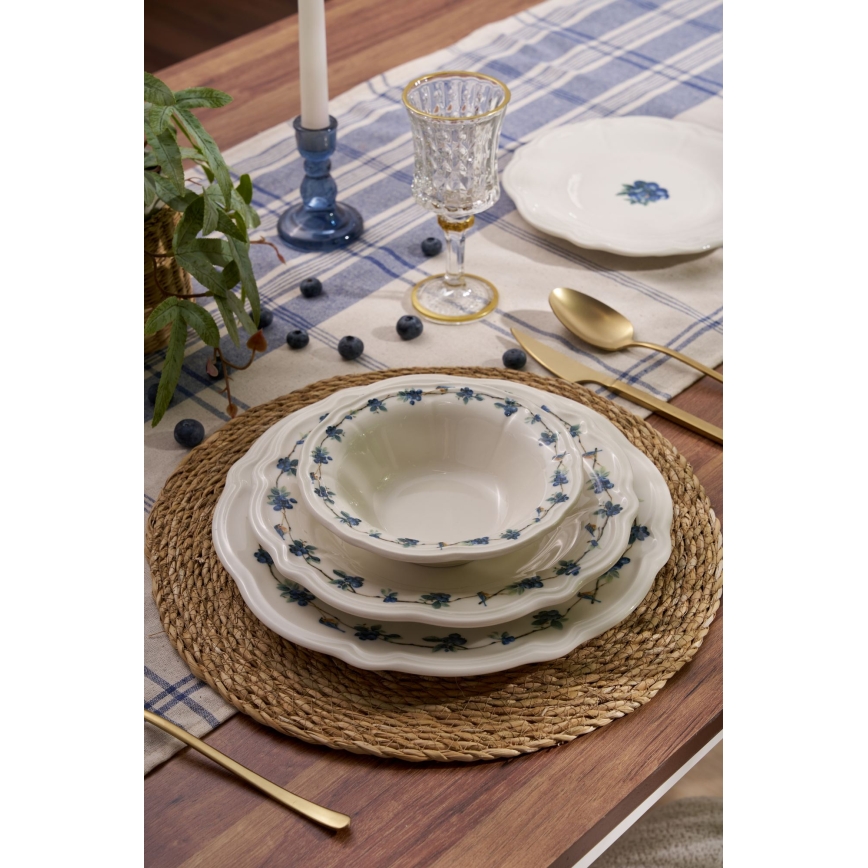 Conjunto de jantar 24 peças em porcelana, branco/azul